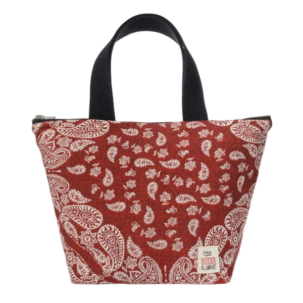 Red patterned tote bag with black handles on a white background