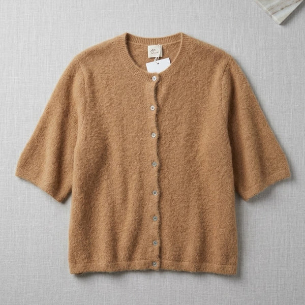 Knit Short-Sleeve Cardigan: Beige