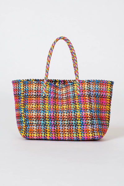 Multicolored plaid patterned handbag on a white background
