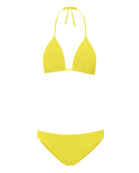 Yellow bikini top and bottom set on a white background