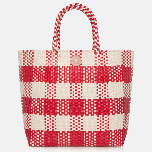 Red and white checkered tote bag on a white background
