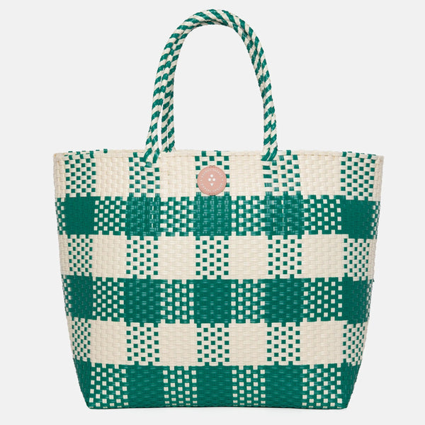 Green and white checkered tote bag on a light gray background