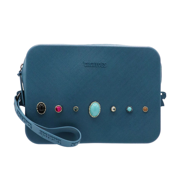 Blue pouch with decorative stones on a white background
