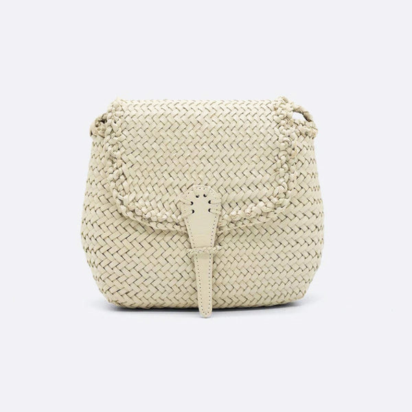 Woven beige handbag on a light gray background